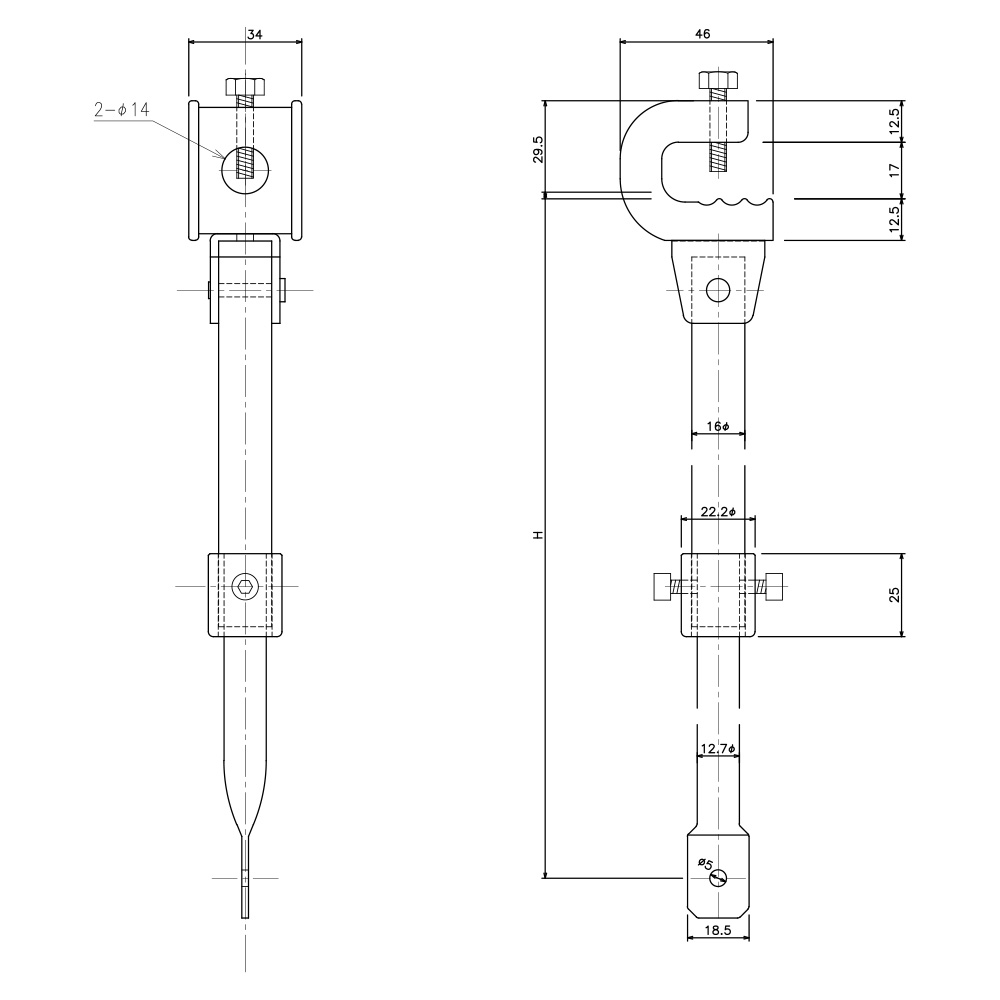 I型兼用 クリップ付大型伸縮吊棒 寸法図