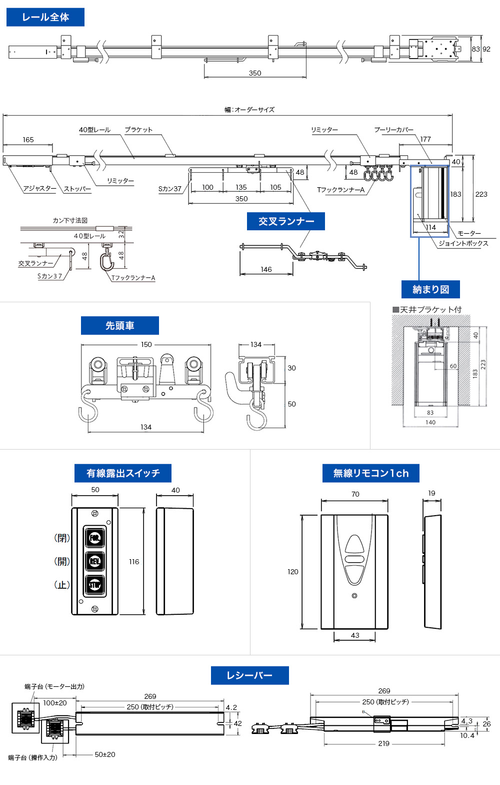 電動カーテンレール部材寸法図