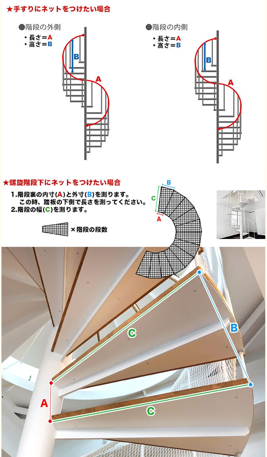 螺旋階段にネットを取り付ける場合